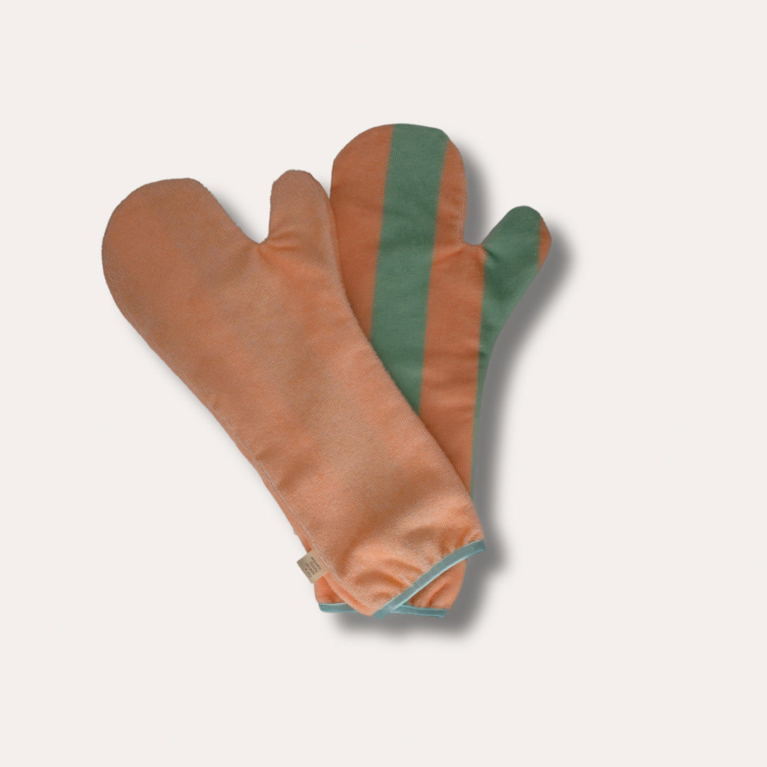 Soft Rituals | Drying Mitts | Seafoam & Salmon Stripe
