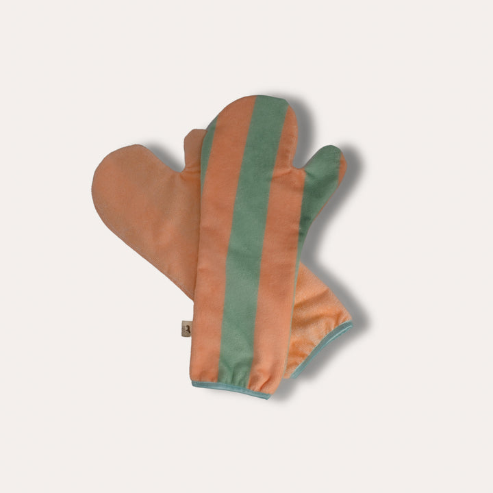 Soft Rituals | Drying Mitts | Seafoam & Salmon Stripe