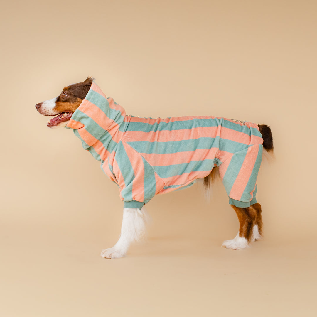 Soft Rituals | Drying Onesie | Seafoam & Salmon Stripe