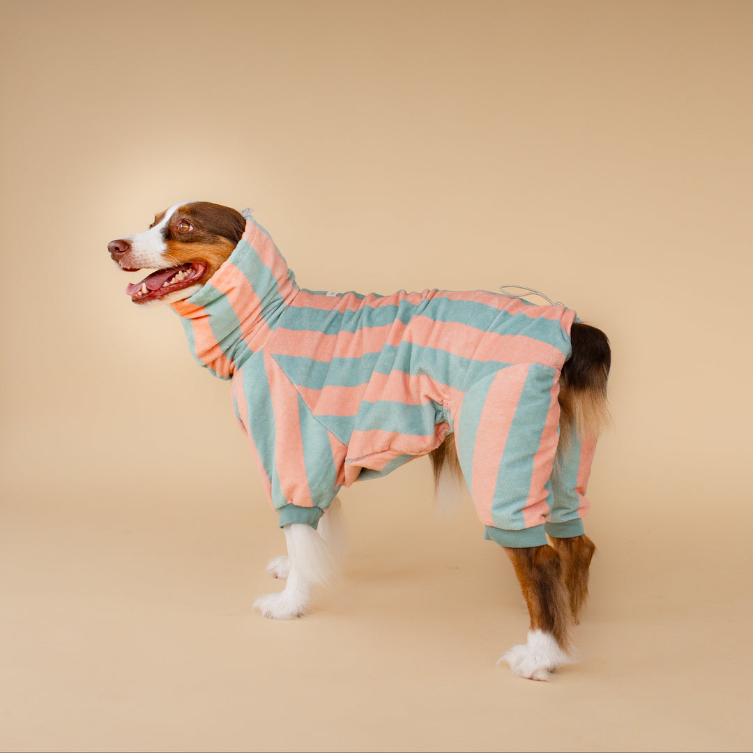 Soft Rituals | Drying Onesie | Seafoam & Salmon Stripe