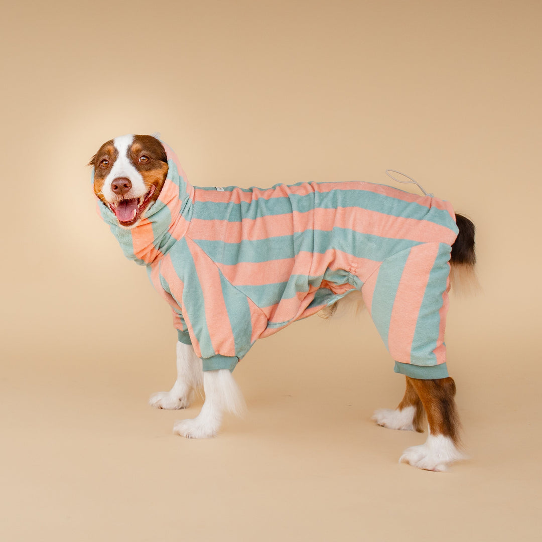 Soft Rituals | Drying Onesie | Seafoam & Salmon Stripe
