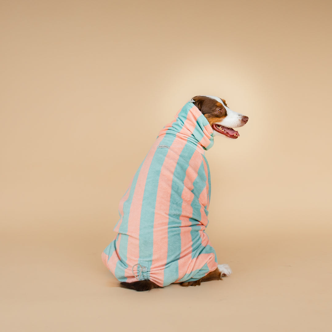 Soft Rituals | Drying Onesie | Seafoam & Salmon Stripe