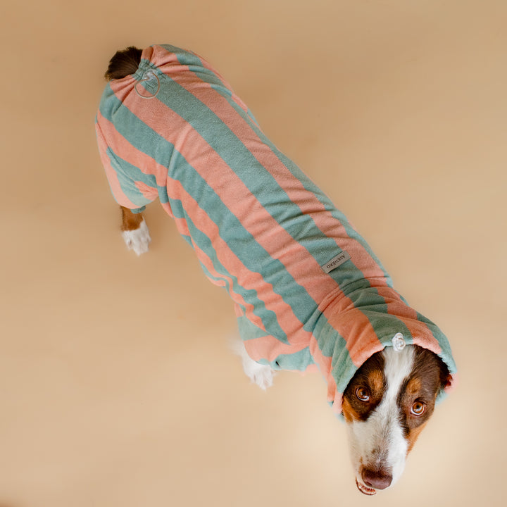 Soft Rituals | Drying Onesie | Seafoam & Salmon Stripe