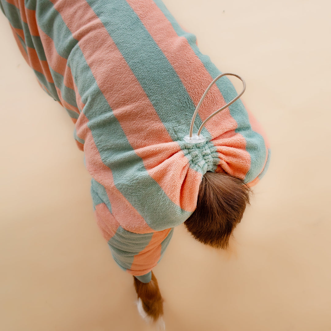 Soft Rituals | Drying Onesie | Seafoam & Salmon Stripe