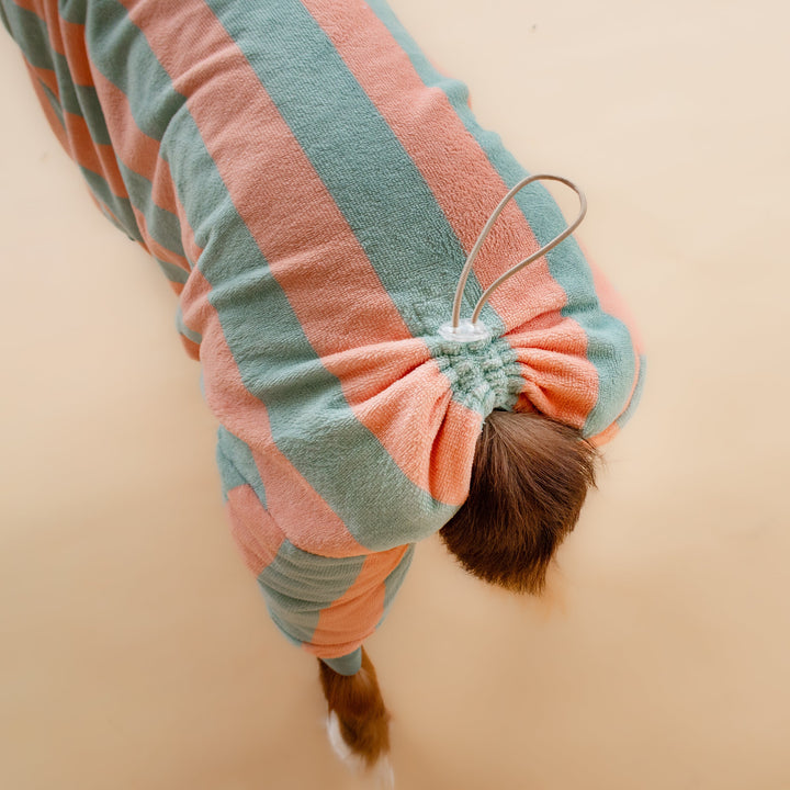 Soft Rituals | Drying Onesie | Seafoam & Salmon Stripe
