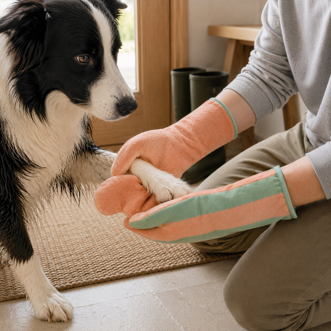 Soft Rituals | Drying Mitts | Seafoam & Salmon Stripe