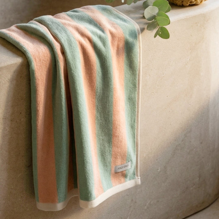 Soft Rituals | Large Towel | Seafoam & Salmon Stripe