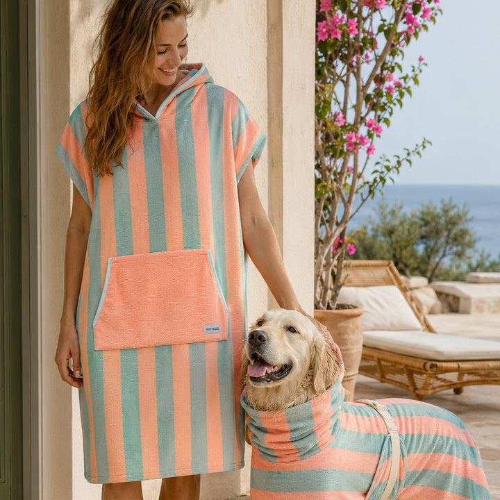 Soft Rituals | Towel Poncho | Seafoam & Salmon Stripe