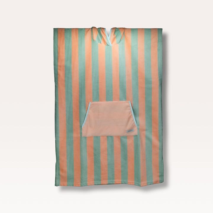 Soft Rituals | Towel Poncho | Seafoam & Salmon Stripe
